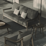 N1 luxury dark teak outdoor furniture with mid century inspired rope detail with outdoor two seater sofa