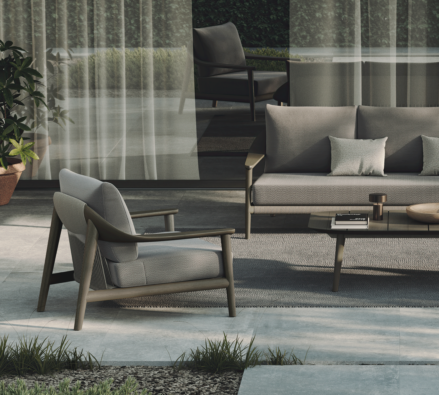 N1 luxury dark teak outdoor furniture with mid century inspired rope detail with outdoor coffee table and sofa set
