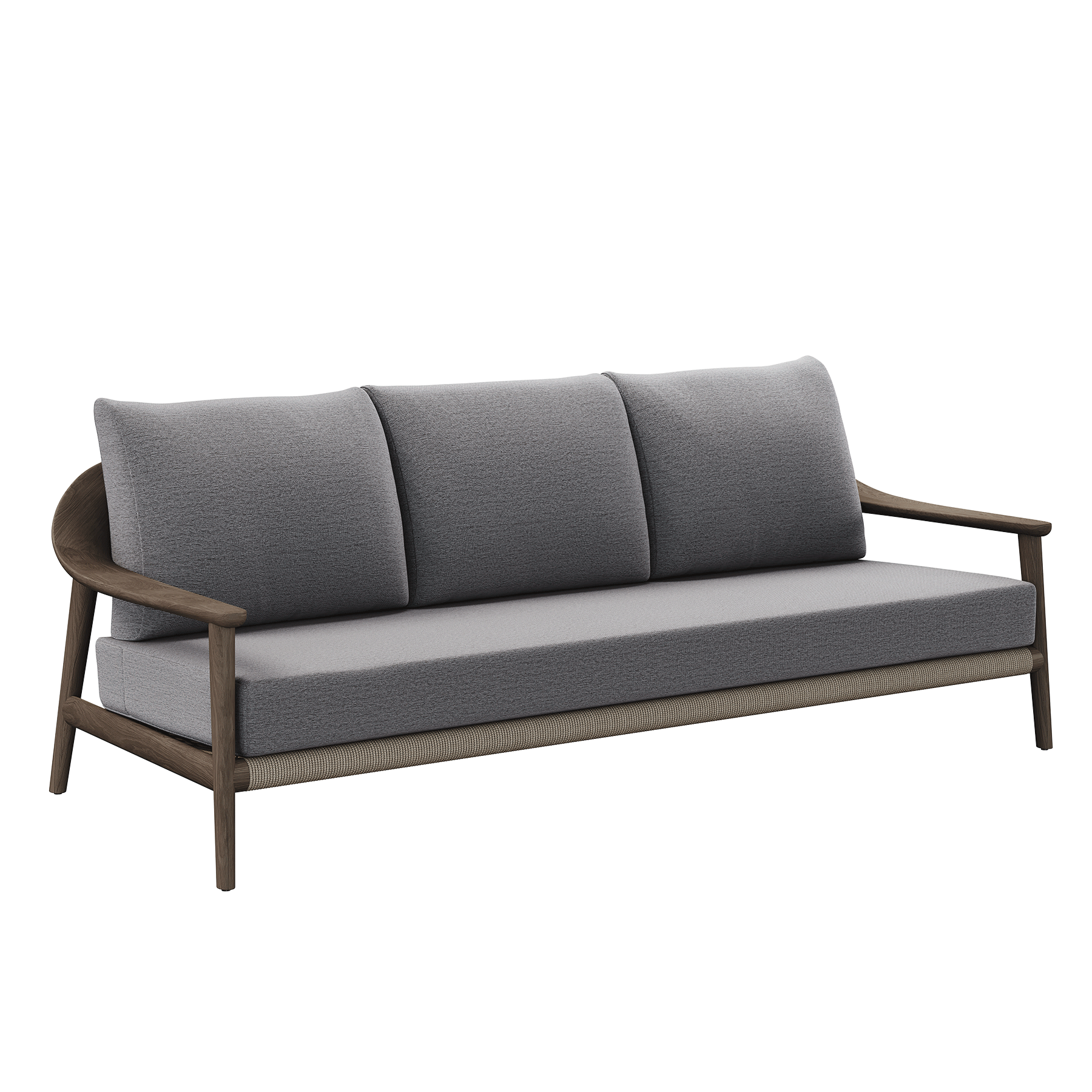 N1 luxury dark teak outdoor furniture with mid century inspired rope detail three seater sofa