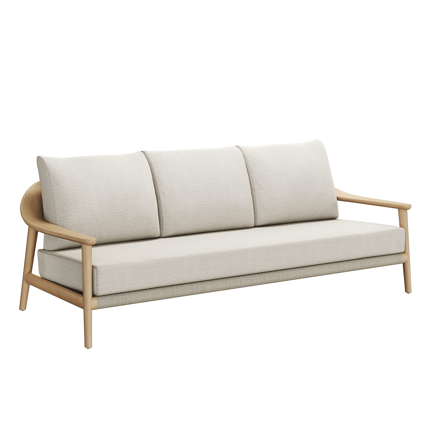 N1 luxury light teak outdoor furniture with mid century inspired rope detail three seater sofa