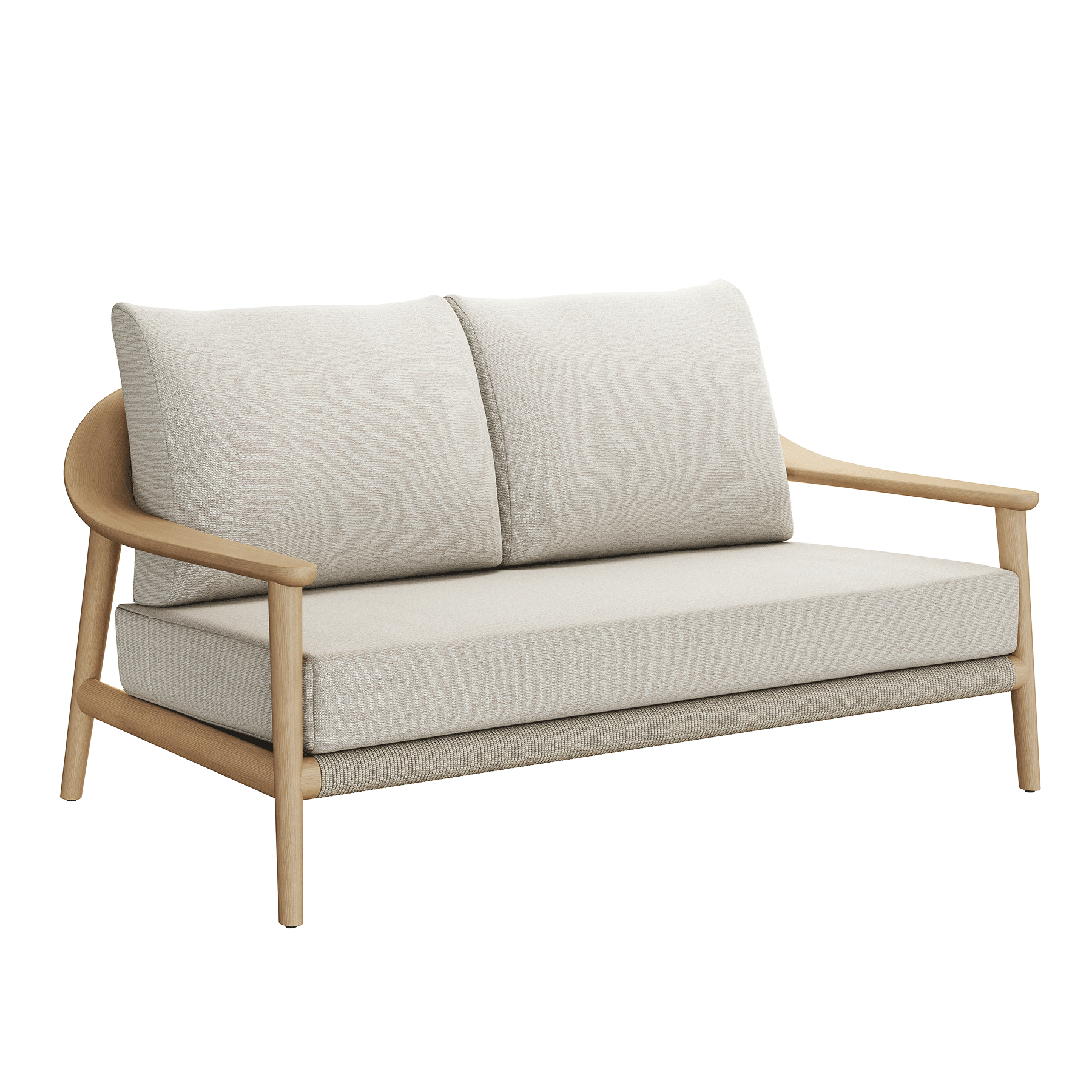 N1 luxury light teak outdoor furniture with mid century inspired rope detail garden two seater sofa