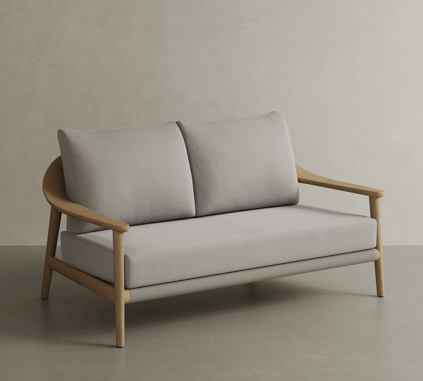 N1 Two Seater Sofa Light Teak Oatmeal Textured Weave Teak Wood