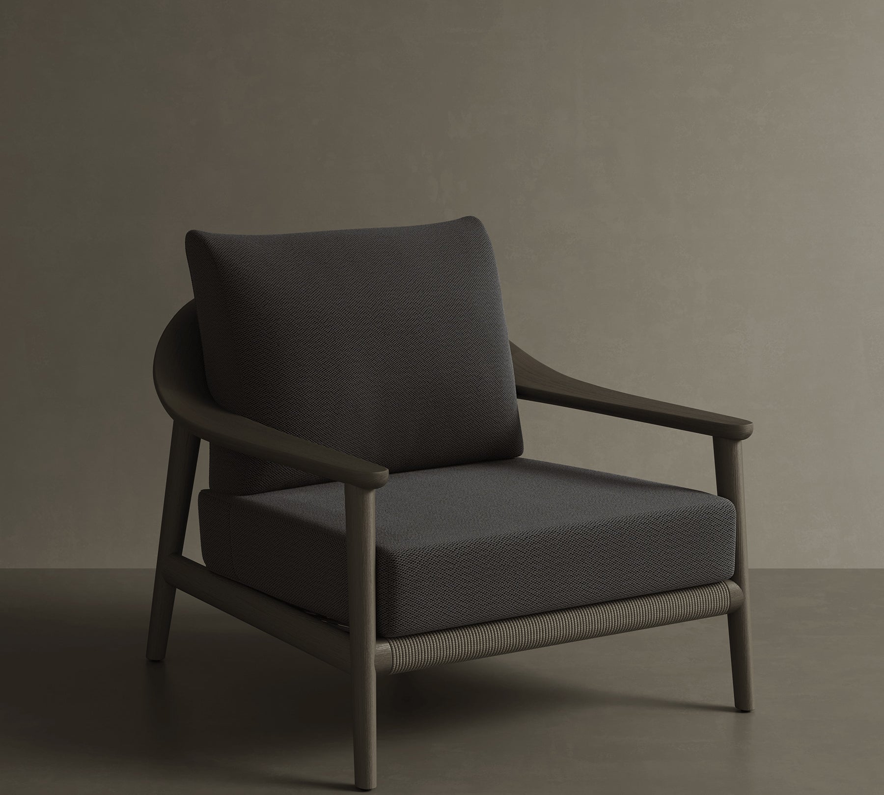 N1 Lounge Chair Dark Teak Rope Detailing Teak Wood Coal Textured Weave