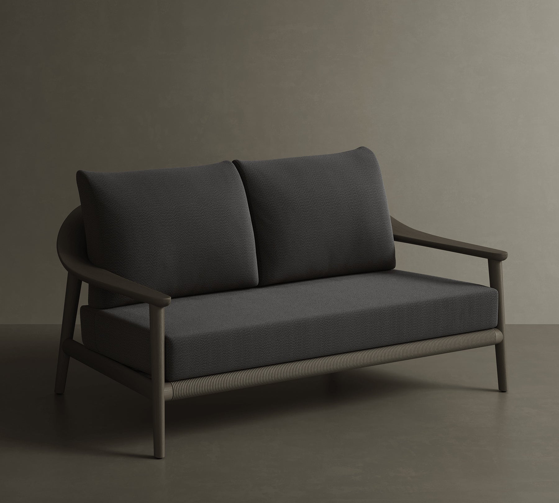 N1 Two Seater Sofa Dark Teak Rope Detailing Teak Wood Coal Textured Weave