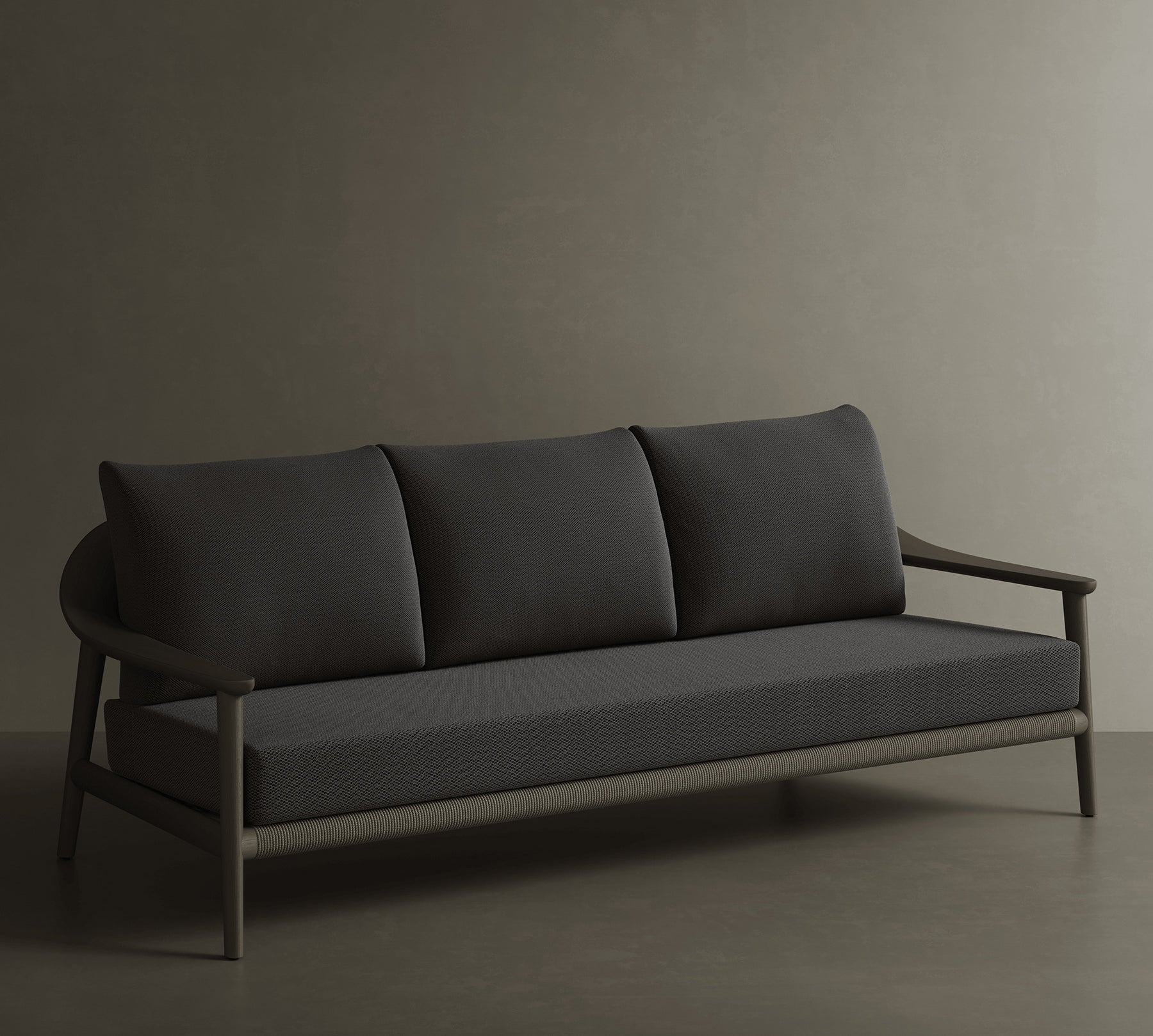 N1 Three Seater Sofa Dark Teak Rope Detailing Teak Wood Coal Textured Weave