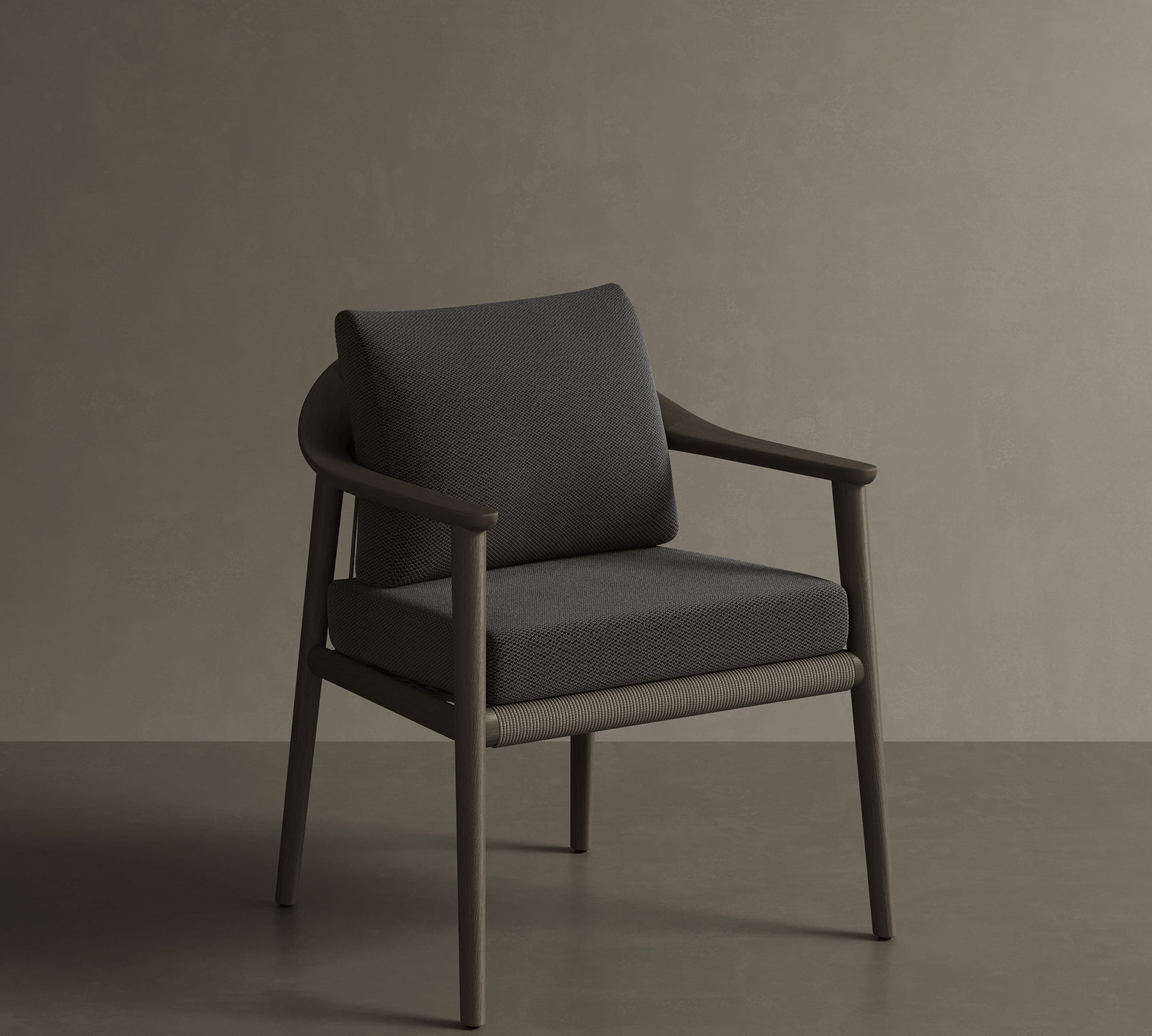 N1 Dining Chair Dark Teak Rope Detailing Teak Wood Coal Textured Weave