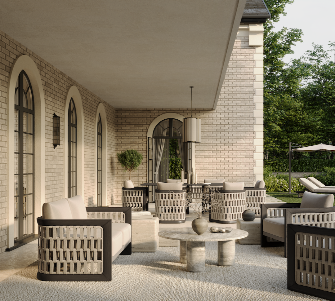 N2 dark teak outdoor furniture with modern rattan rope detail in luxury property
