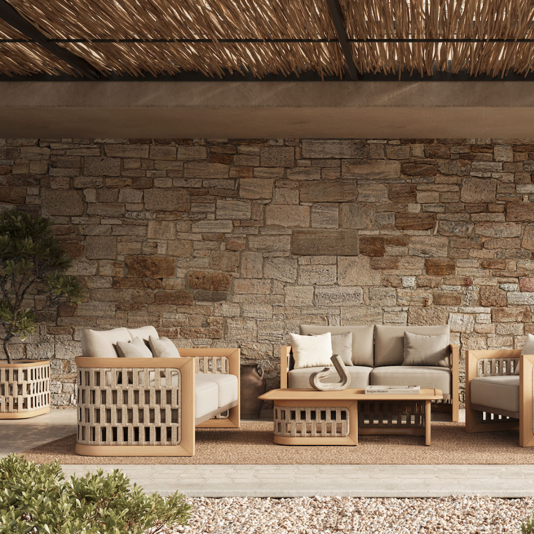 N2 light teak outdoor furniture with modern rattan rope detail in luxury property lifestyle image
