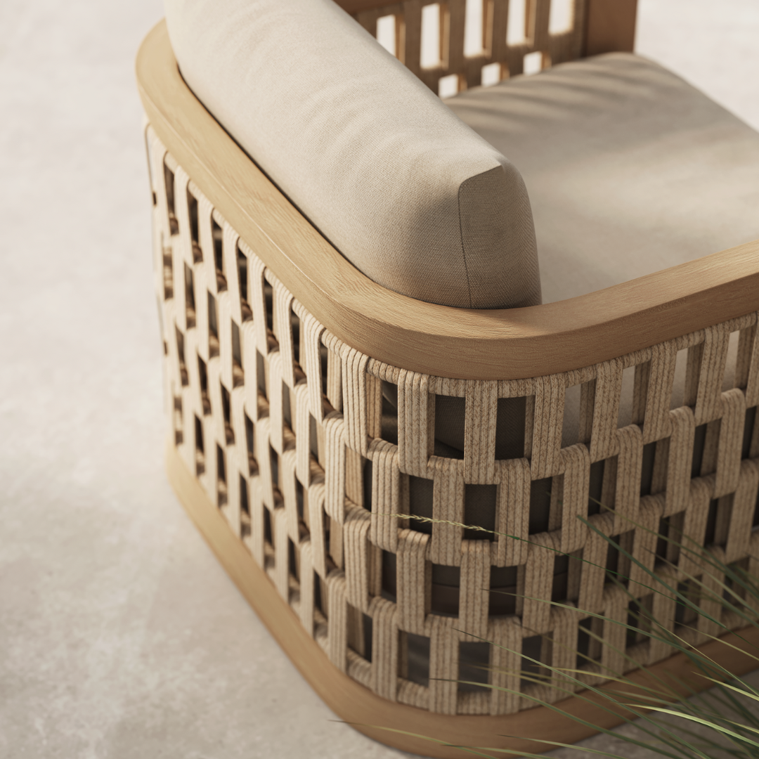 N2 light teak outdoor furniture with modern rattan rope detail in luxury property lifestyle image
