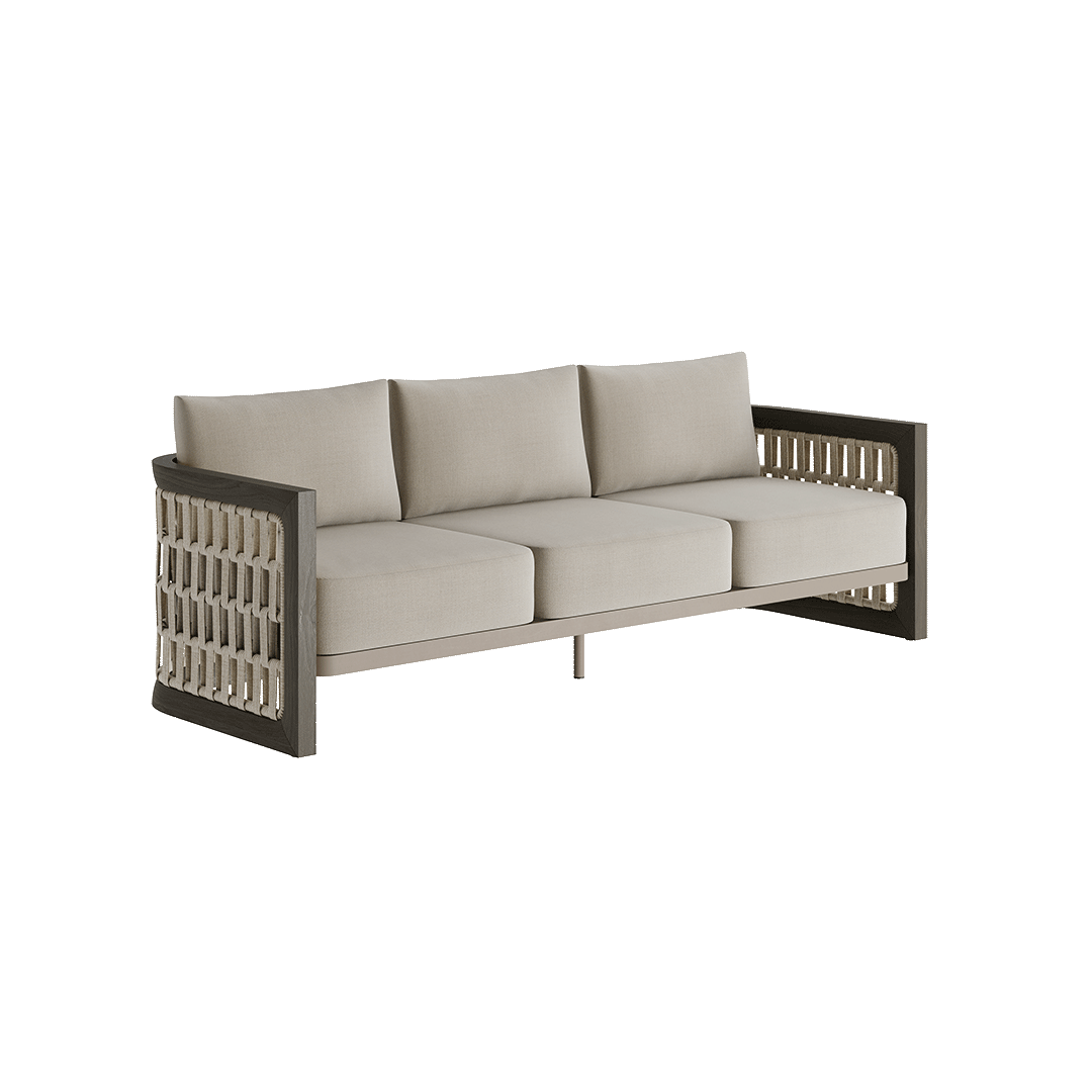 N2 Three Seater Sofa Dark Teak Rope Detailing Desert Canvas Aluminium Teak Wood