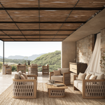 N2 light teak outdoor furniture with modern rattan rope detail in luxury property