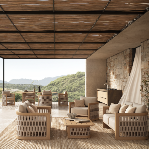 N2 light teak outdoor furniture with modern rattan rope detail in luxury property lifestyle image
