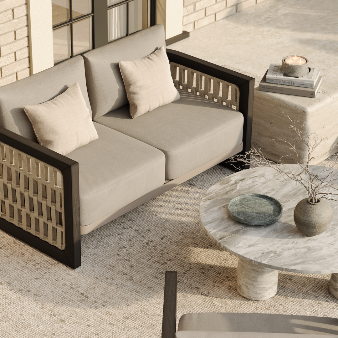 N2 Two Seater Sofa Dark Teak Side Table Coffee Table