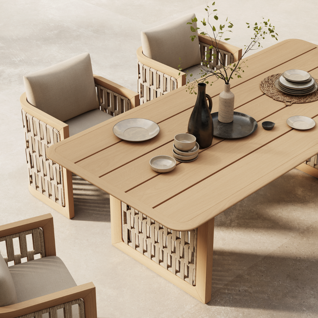 N2 light teak outdoor furniture with modern rattan rope detail in luxury property lifestyle image