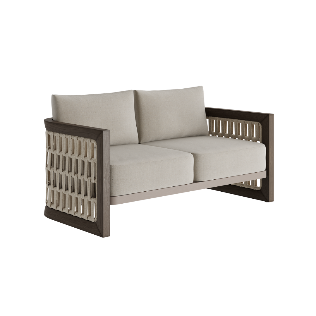 N2 two seater sofa dark teak outdoor furniture with modern rattan rope detail product image