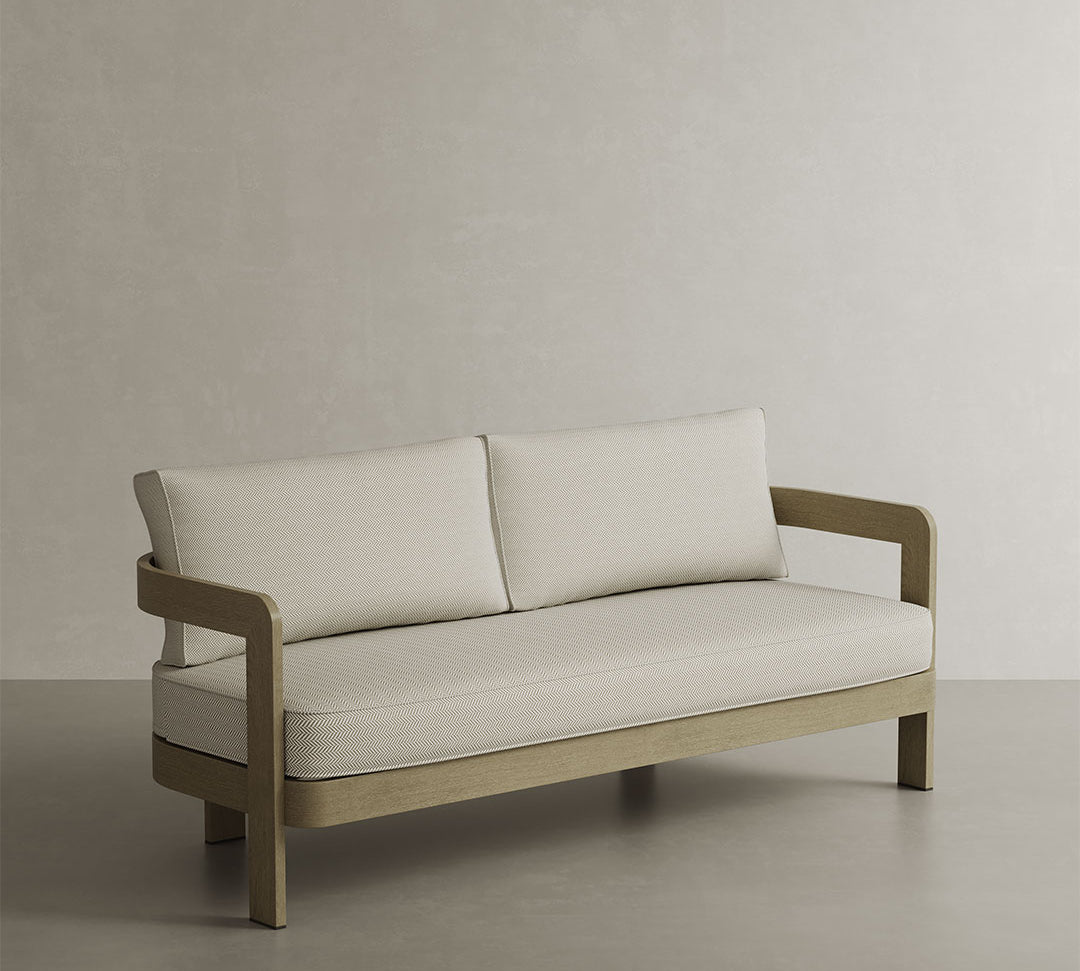 N3 Three-Seater Sofa in Oak Pearl Herringbone, featuring a striking herringbone pattern in a soft pearl colour. The sofa is framed with sleek aluminium, offering a perfect blend of modern design and timeless elegance. Its rich texture and sturdy frame make it a stylish and comfortable addition to any contemporary living space.