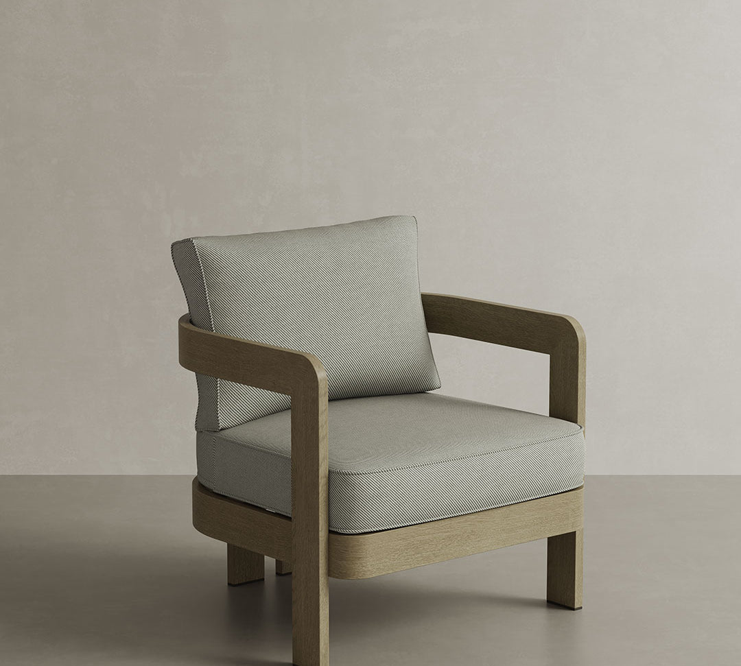 N3 Lounge Chair in Sage Twill, featuring soft, durable fabric in a calming sage green hue. The chair is supported by a sleek aluminium frame, offering a modern design that combines comfort and elegance, ideal for enhancing both indoor and outdoor spaces.