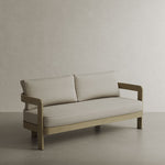 N3 Luxury Wood-Effect Aluminium Outdoor Sofa, featuring a high-quality aluminium frame with a realistic wood finish. The sofa is upholstered in soft sand-coloured outdoor fabric, accented with piping details for a sophisticated touch. Perfectly designed for durability and style, it adds both comfort and elegance to any outdoor living space.
