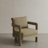 N3 Oak Lounge Chair in Wheat Canvas, featuring soft, durable fabric in a warm wheat tone. The chair is set against a stylish backdrop, highlighting its contemporary design with a sturdy oak frame, perfect for creating a comfortable and inviting atmosphere in any indoor or outdoor setting.