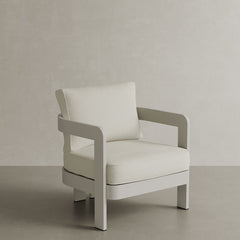 N3 Stone Cirrus Textured Weave lounge chair, featuring soft, durable fabric with a refined textured weave in a neutral stone colour. The chair is supported by a sleek aluminium frame, offering a modern design that combines comfort, elegance, and durability for both indoor and outdoor use.