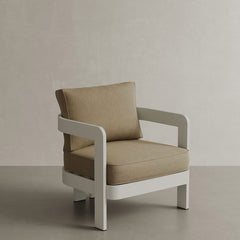 A refined N3 Stone Wheat canvas lounge chair, featuring soft, durable fabric in a subtle stone wheat hue. The chair's sleek design and sturdy frame combine modern elegance with comfort, making it an ideal addition to any outdoor or indoor lounge space. Its neutral colour enhances the versatility and sophistication of the setting.