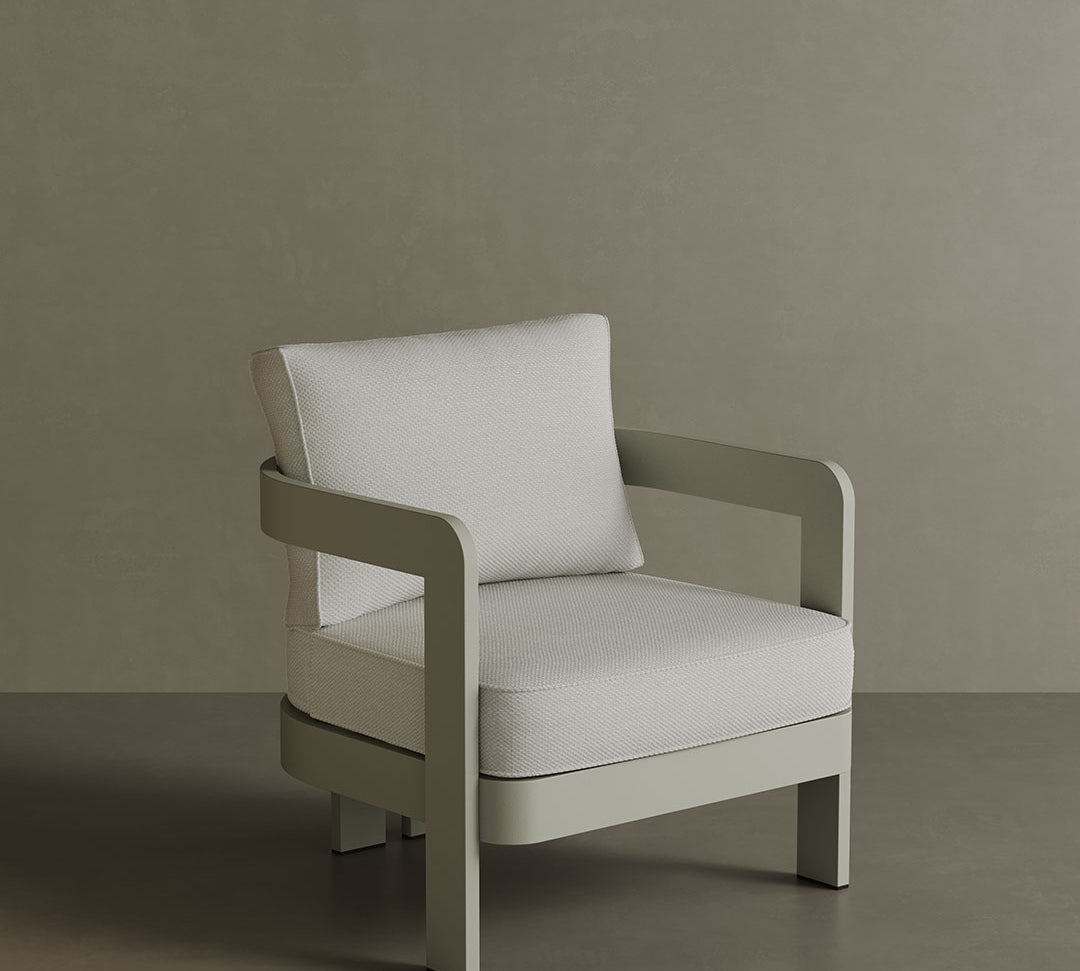 N3 Taupe Cirrus Textured Weave lounge chair, featuring soft, durable fabric with a subtle textured weave in a sophisticated taupe colour. The chair is supported by a sleek aluminium frame, blending modern design with comfort and style, perfect for both indoor and outdoor settings.