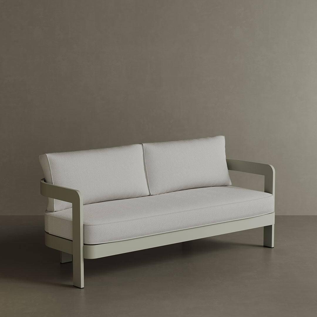 A stylish N3 three-seater sofa in Taupe Cirrus Textured Weave, featuring soft, durable fabric with a refined textured finish. The sleek aluminium frame adds a modern touch, combining durability with elegance. Its warm taupe colour and contemporary design make it a sophisticated addition to any outdoor or indoor space, offering both comfort and style.