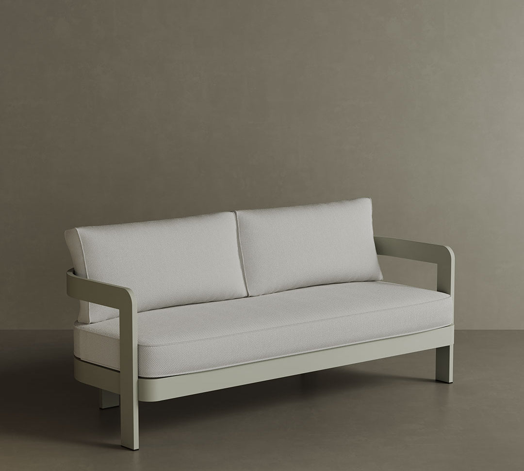 A stylish N3 three-seater sofa in Taupe Cirrus Textured Weave, featuring soft, durable fabric with a refined textured finish. The sleek aluminium frame adds a modern touch, combining durability with elegance. Its warm taupe colour and contemporary design make it a sophisticated addition to any outdoor or indoor space, offering both comfort and style.