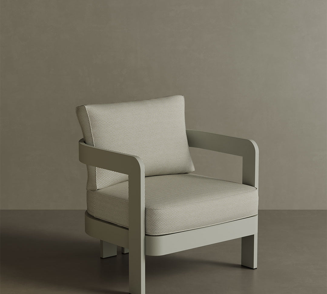 N3 Taupe Pearl Herringbone lounge chair, featuring soft, durable fabric in a taupe and pearl colour with a subtle herringbone pattern. The chair is supported by a sleek aluminium frame, combining comfort and modern style, ideal for both indoor and outdoor settings.