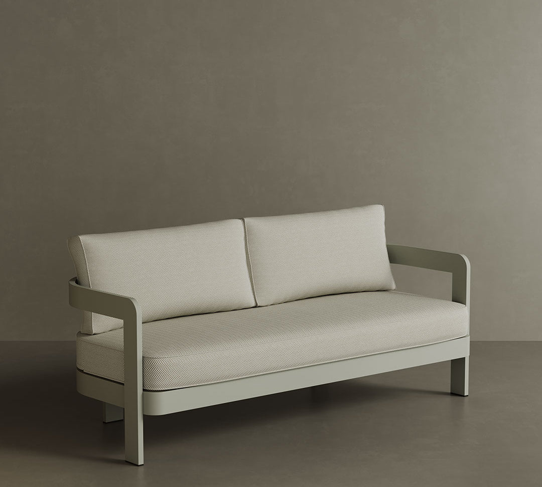 A stylish N3 three-seater sofa in Taupe Pearl Herringbone, featuring soft, durable fabric with a subtle herringbone pattern. The sleek aluminium frame adds a modern touch, ensuring both strength and elegance. Its warm taupe colour and refined design make it a versatile and sophisticated addition to any outdoor or indoor space.