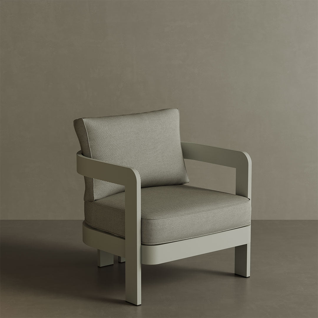 N3 Taupe Sage Twill lounge chair, featuring soft, durable fabric in a subtle taupe and sage blend. The chair is supported by a sleek aluminium frame, offering a modern design that combines comfort and elegance, perfect for both indoor and outdoor settings.
