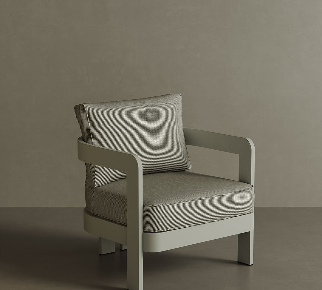 N3 Taupe Sage Twill lounge chair, featuring soft, durable fabric in a subtle taupe and sage blend. The chair is supported by a sleek aluminium frame, offering a modern design that combines comfort and elegance, perfect for both indoor and outdoor settings.