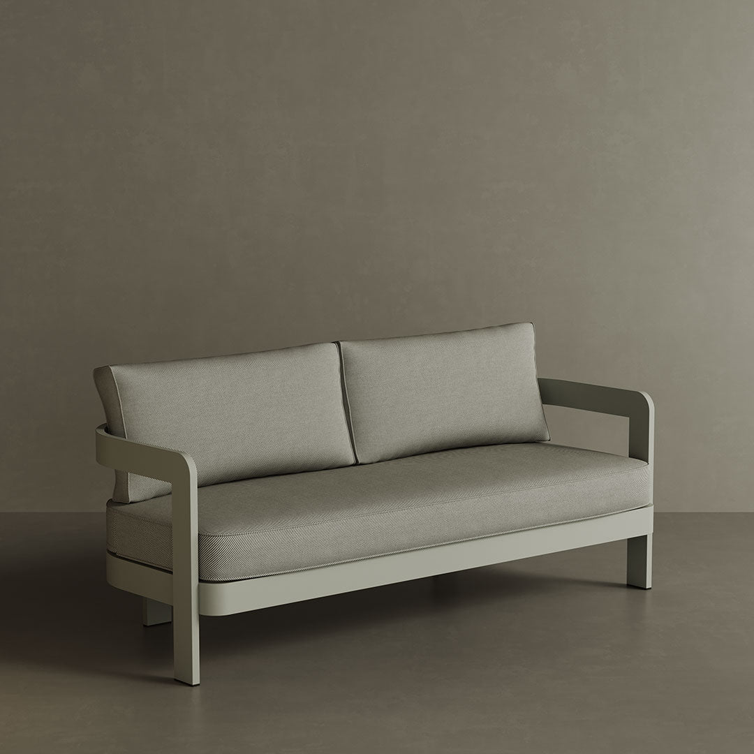 A stylish N3 three-seater sofa in Taupe Sage Twill, featuring soft, durable fabric with a subtle blend of taupe and sage tones. The sleek aluminium frame provides a modern touch, combining durability with elegance. Its neutral colour and contemporary design make it a versatile and sophisticated addition to any outdoor or indoor space.