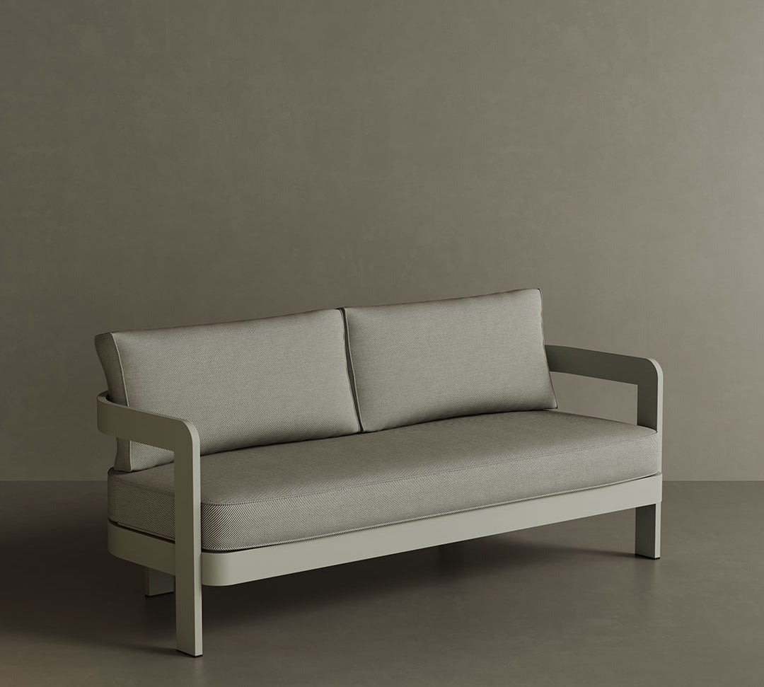 A stylish N3 three-seater sofa in Taupe Sage Twill, featuring soft, durable fabric with a subtle blend of taupe and sage tones. The sleek aluminium frame provides a modern touch, combining durability with elegance. Its neutral colour and contemporary design make it a versatile and sophisticated addition to any outdoor or indoor space.