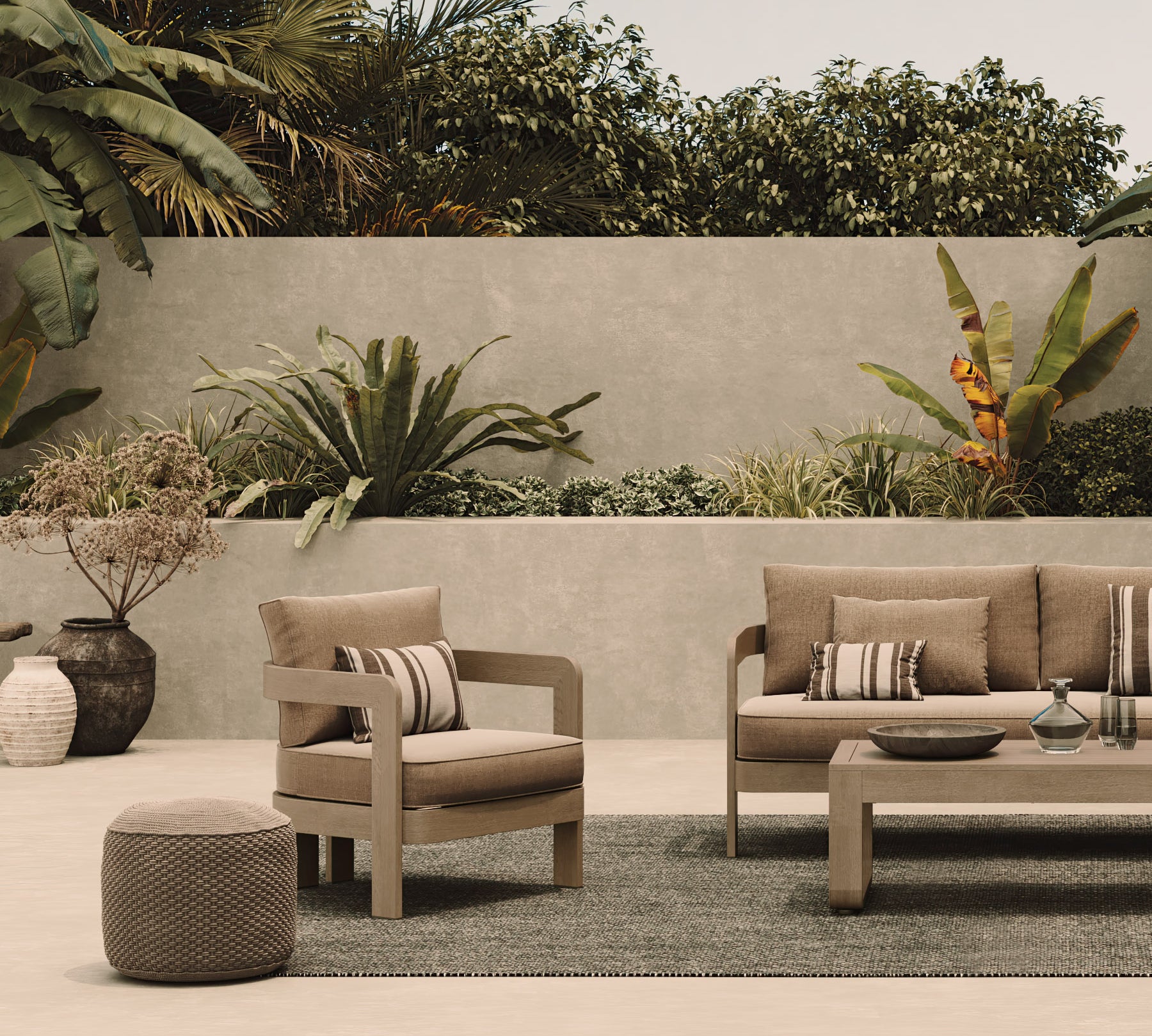 N3 Lounge Chair Three Seater Sofa Aluminium Oak Wheat Canvas Lifestyle Image Rug