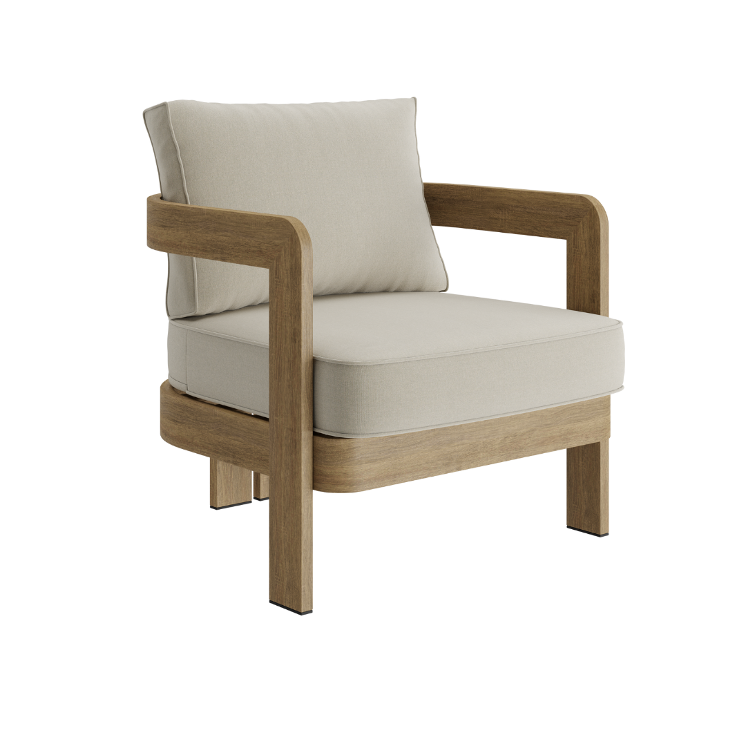 N3 luxury wood effect aluminium outdoor furniture with outdoor light fabric and piping details