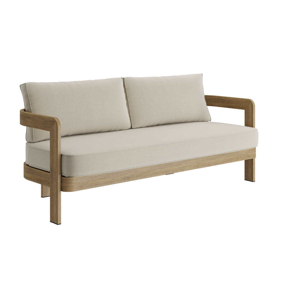 N3 luxury wood effect aluminium outdoor furniture with outdoor beige fabric and piping details sofa