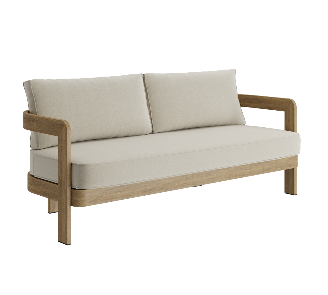 N3 luxury wood effect aluminium outdoor furniture with outdoor beige fabric and piping details sofa
