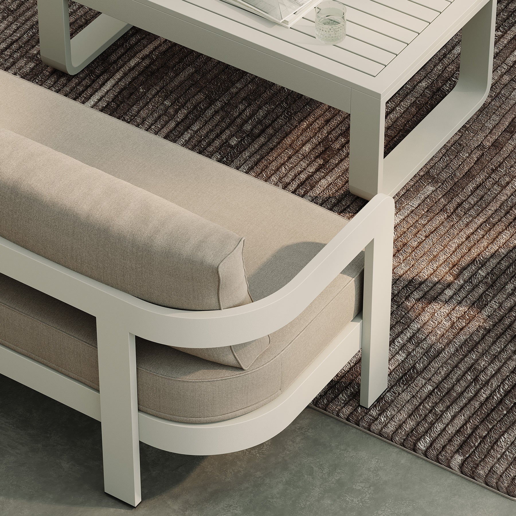 Three Seater Sofa Sand Canvas Stone Coffee Table Biscuit Rug