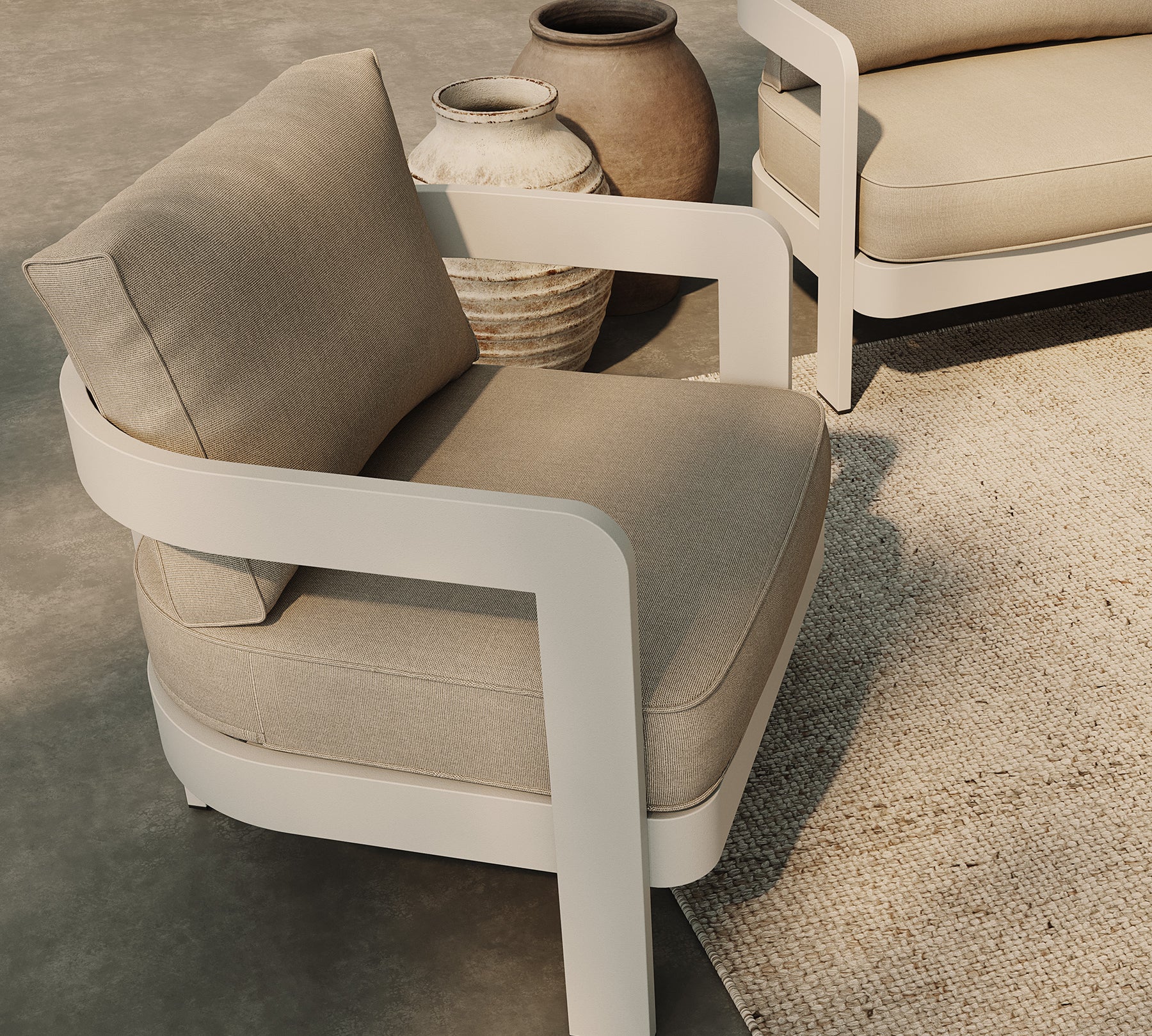 Three Seater Sofa Lounge Chair Sand Canvas Stone Coffee Table Blond Rug
