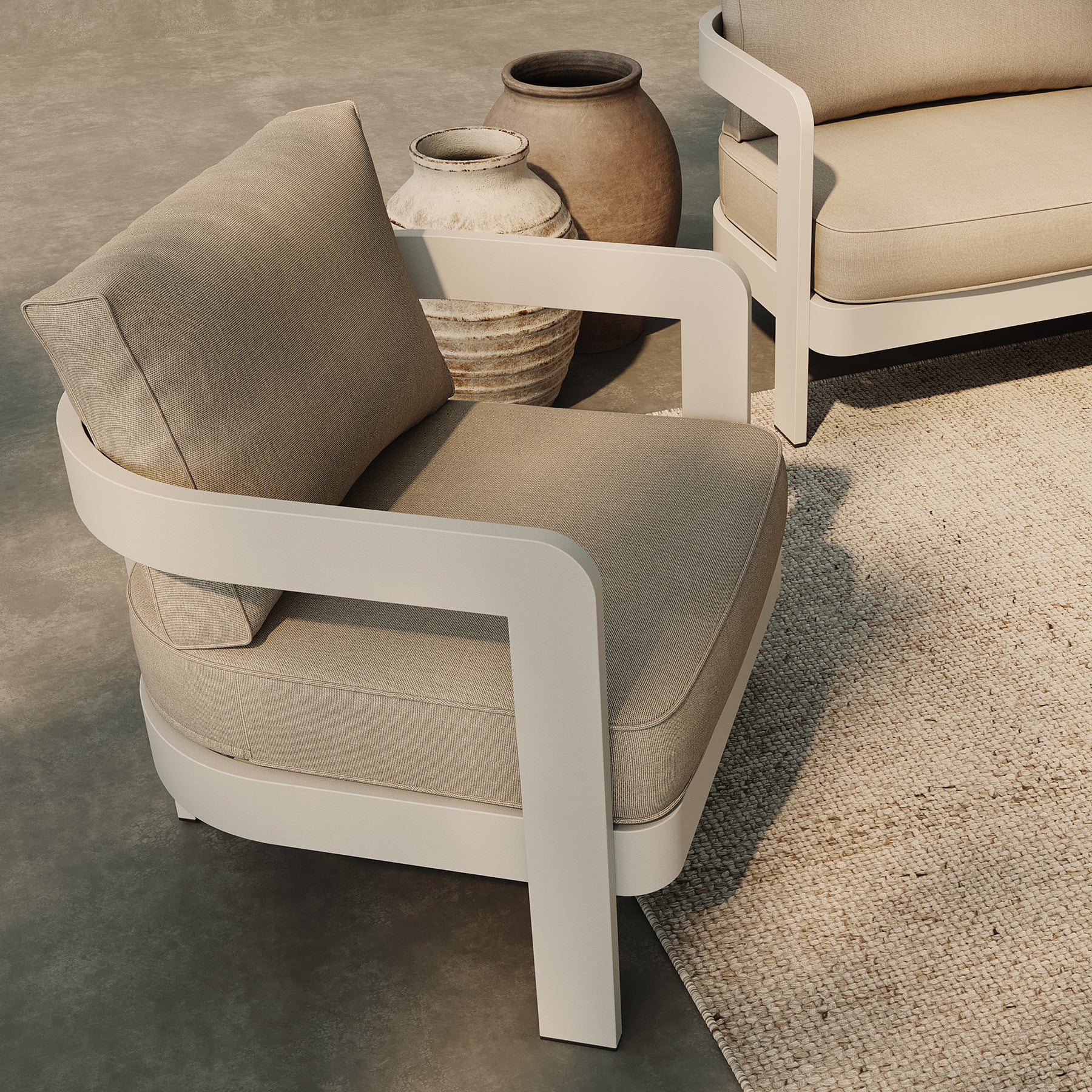 Three Seater Sofa Lounge Chair Sand Canvas Stone Coffee Table Blond Rug