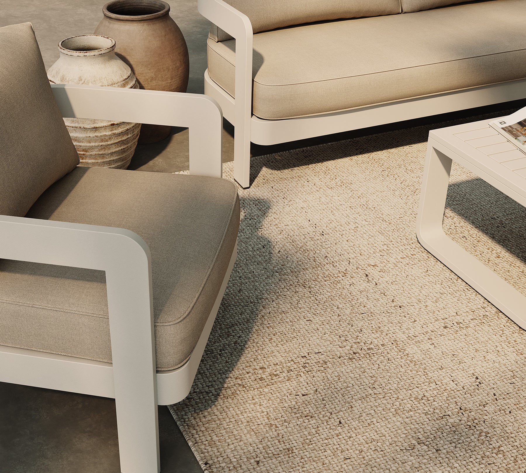 Three Seater Sofa Lounge Chair Sand Canvas Stone Coffee Table Blond Rug