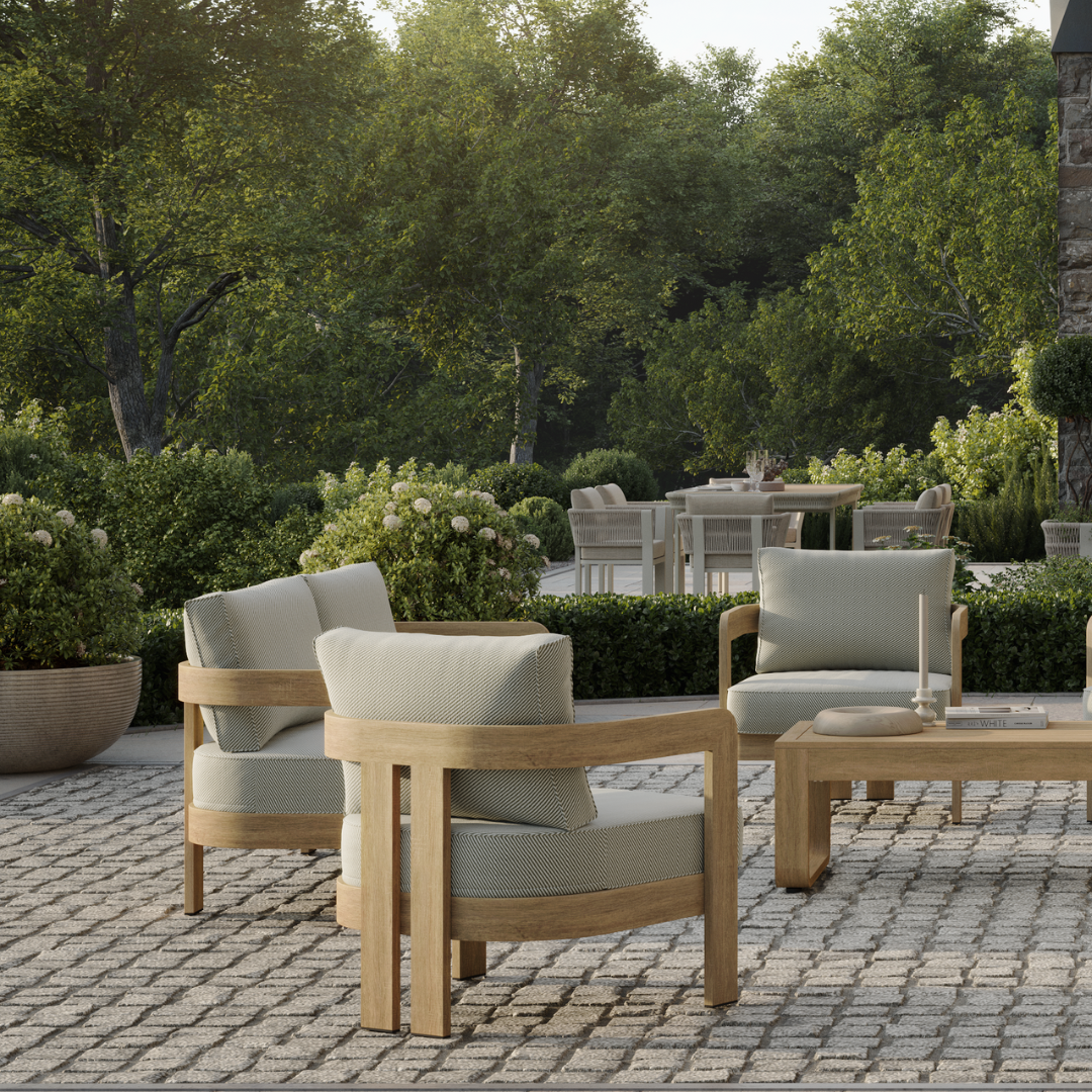 N3 luxury oak wood effect aluminium outdoor furniture with outdoor beige fabric and piping details lifestyle image