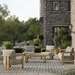 N3 luxury wood effect aluminium outdoor furniture with outdoor green pattern fabric and piping details 