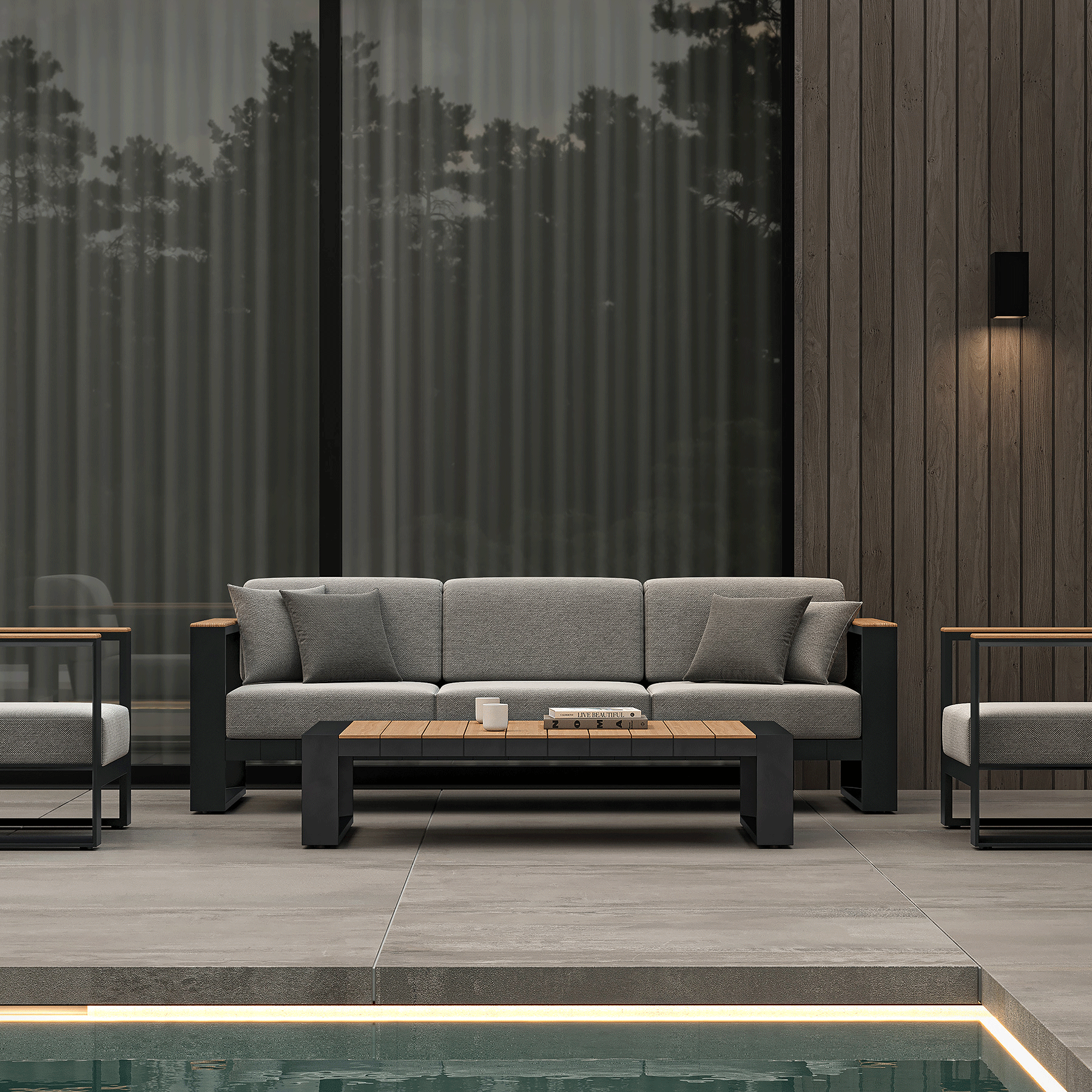 N5 three seater sofa black powder-coated aluminium frame with teak detailing lifestyle image