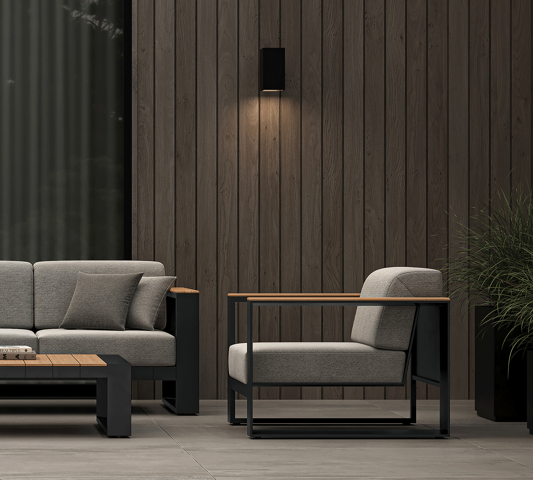N5 lounge chair black powder-coated aluminium frame with teak detail lifestyle imagine