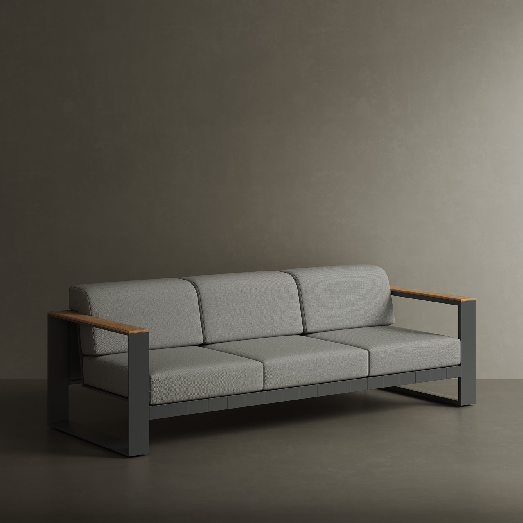 N5 three seater sofa black powder-coated aluminium frame with teak detailing lifestyle image