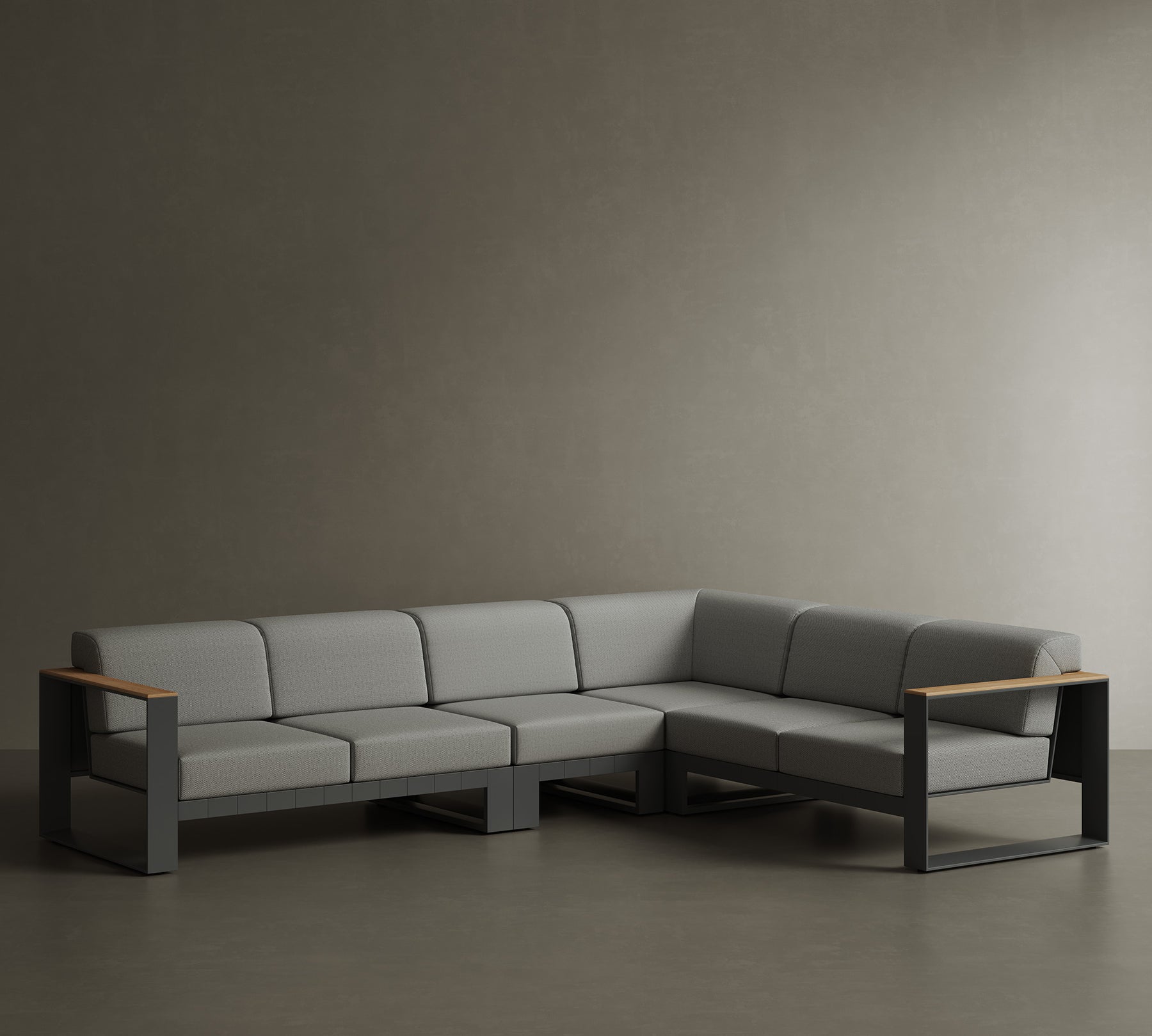 N5 six seater sofa black powder-coated aluminium frame with teak detail lifestyle image