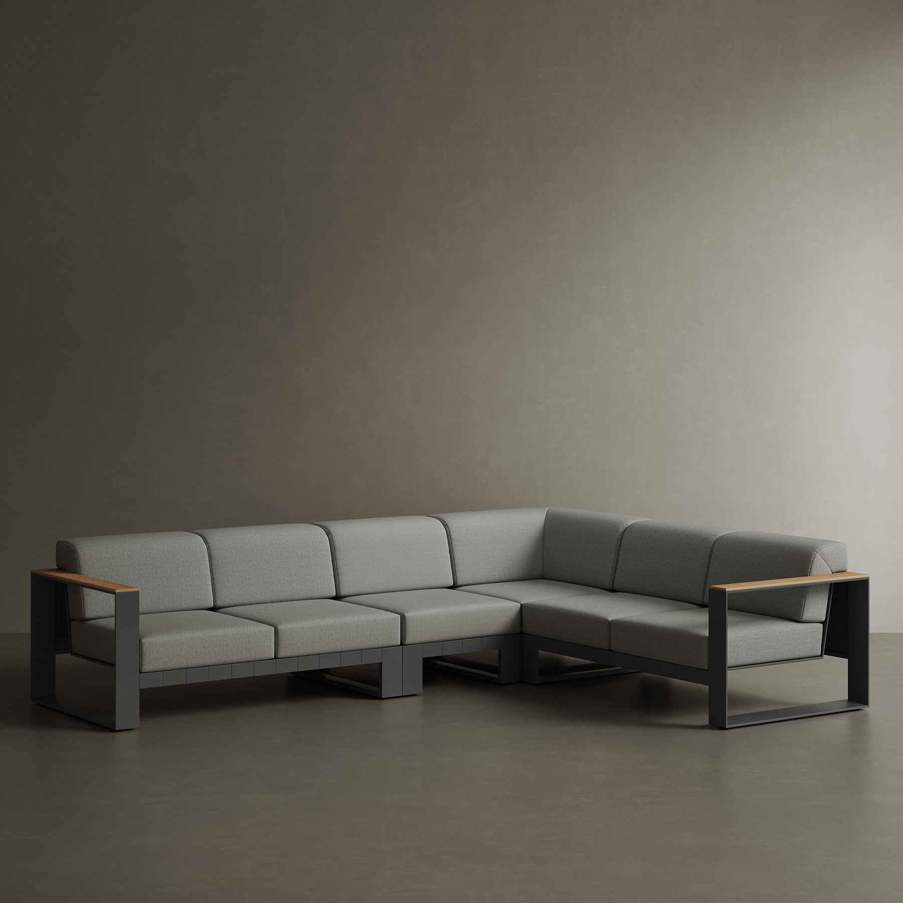 N5 six seater sofa black powder-coated aluminium frame with teak detail lifestyle image