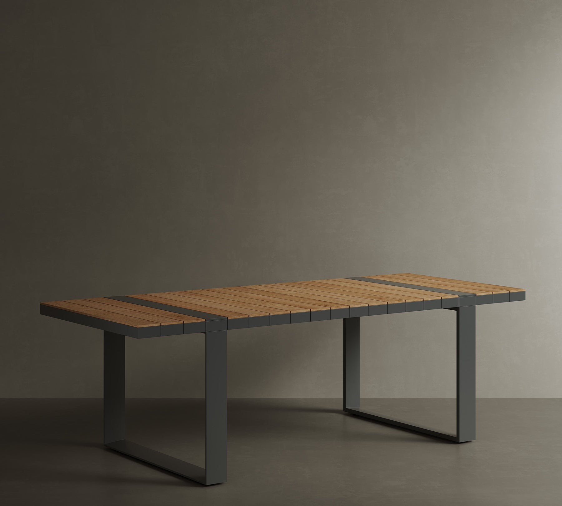 N5 six seater dining table black powder-coated aluminium frame with teak detail lifestyle image